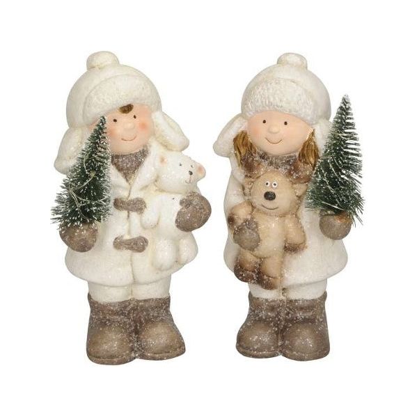Dekofigur Winterkind mit LED Tannenbaum in