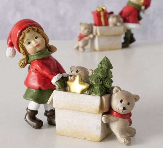 Figur Liddy, 2 sort.,Bär,Junge,Mädchen H8,3 cm, Kunstharz,Beige,Grün,Rot