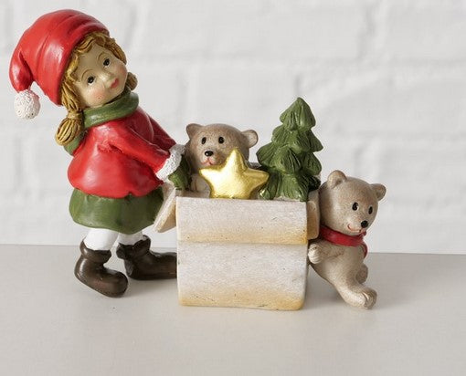 Figur Liddy, 2 sort.,Bär,Junge,Mädchen H8,3 cm, Kunstharz,Beige,Grün,Rot