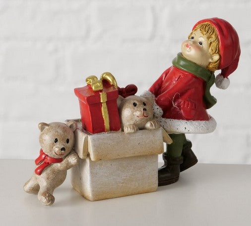 Figur Liddy, 2 sort.,Bär,Junge,Mädchen H8,3 cm, Kunstharz,Beige,Grün,Rot