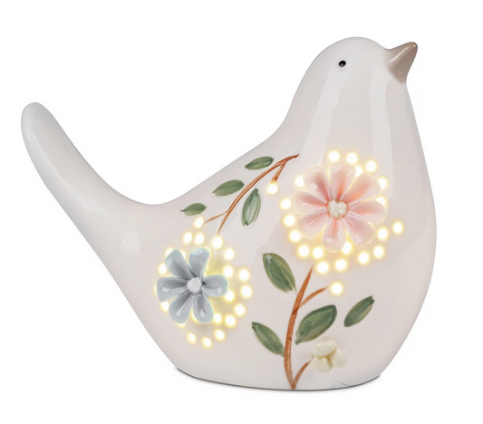 Dekofigur "Vogel mit Blumendekor" mit LED Licht und Timer 12 cm