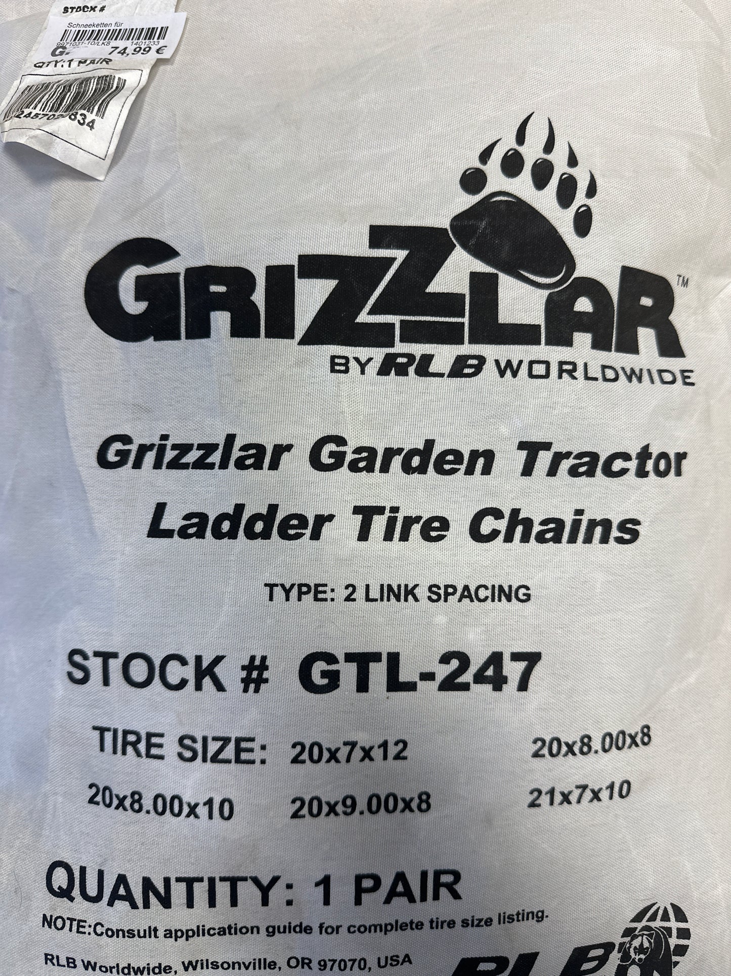 Schneeketten "Grizzlar" für Rasentraktor oder Ryder Reifen von 20 x 7 - 21 x 7