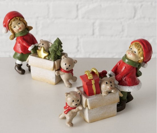 Figur Liddy, 2 sort.,Bär,Junge,Mädchen H8,3 cm, Kunstharz,Beige,Grün,Rot 