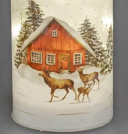 LED Tischlampe WINTERZEIT mit Haus und Hirschen H. 16cm Weiß Formano W24